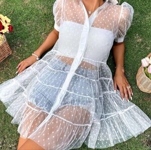 White Boho Womens Polka Dot Puff Sleeve Ruffle Hem Sheer Mesh Dress